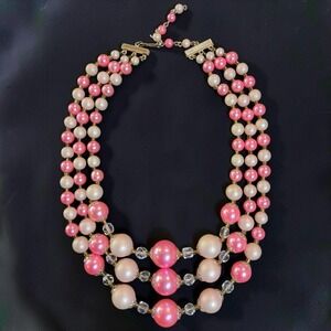 Vintage Japan Satin Finish Pink Glass Triple Strand Bib Necklace | 1950s 1960s